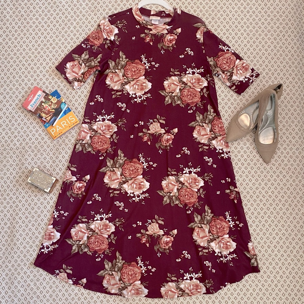 Burgundy Floral Mock Neck Trapeze Dress - Sz L